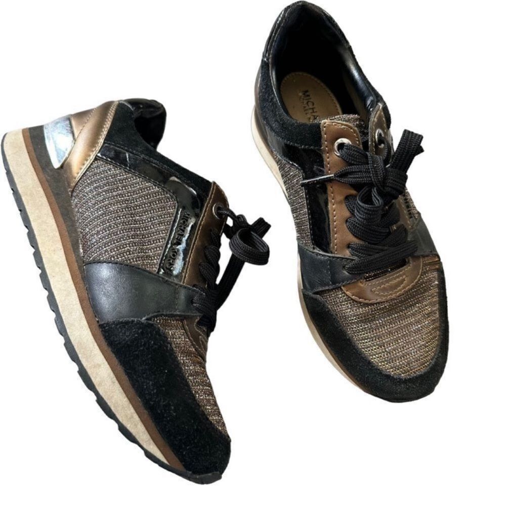 Michael Kors Knit Trainers Running Sneakers black gold suede size 5